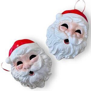 Set of 2 Vintage Ceramic Santa Claus Mask Wall Hanging Midwest Taiwan Kitsch